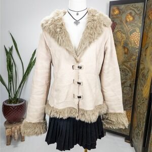 Y2K Penny Lane Faux Shearling Coat‎ Beige Cropped Fairy Boho Womens